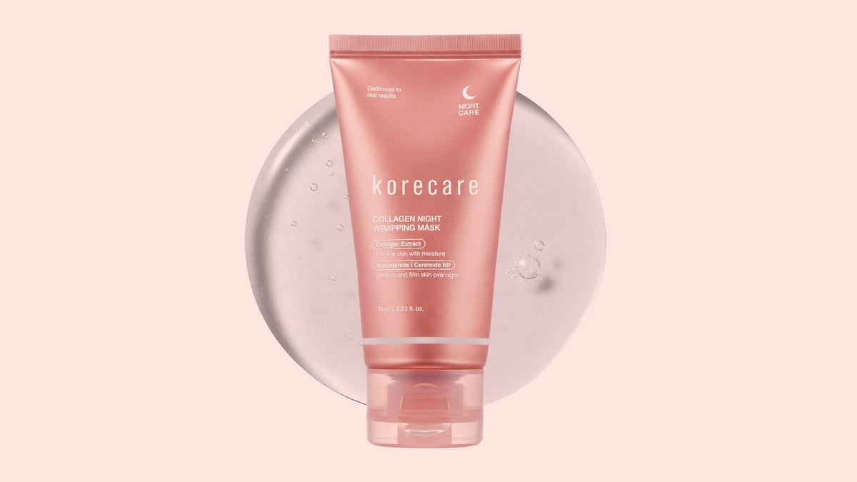KoreCare Collagen Night Wrapping Mask tube in front of a swatch of clear gel on a blush background
