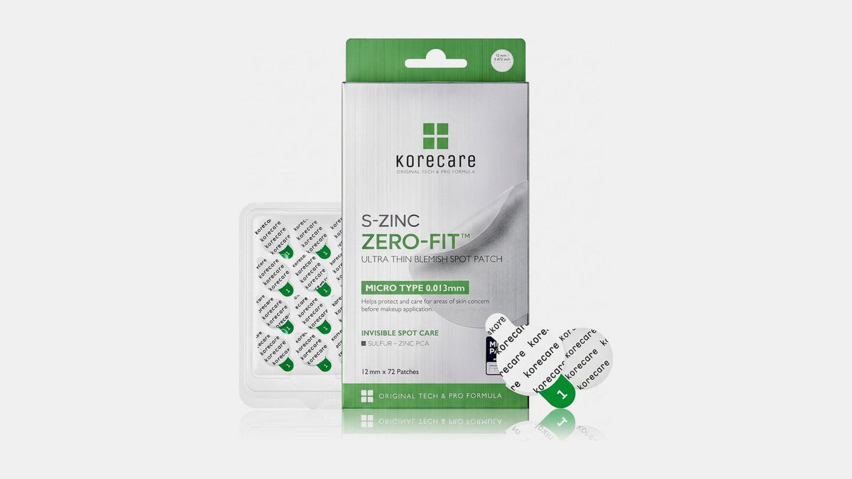 KoreCare S-Zinc Zero-Fit ultra-thin spot patch box with patch sheets on a light grey background
