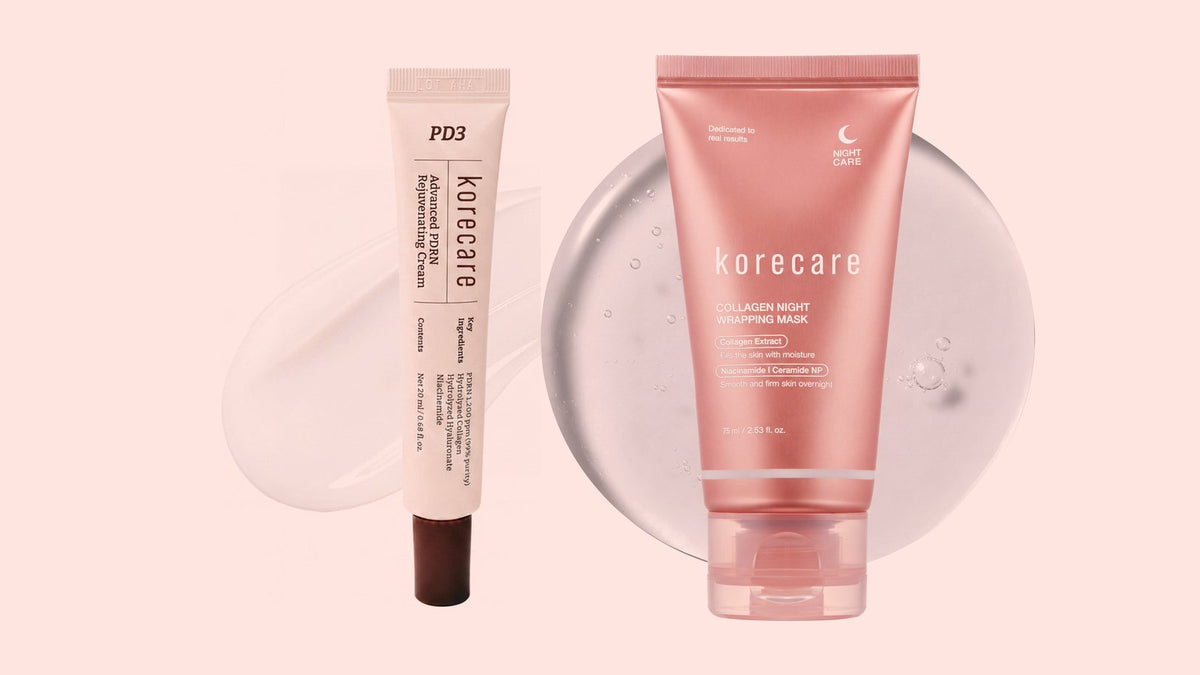 KoreCare PDRN cream and Collagen Night Wrapping Mask side by side on a blush background